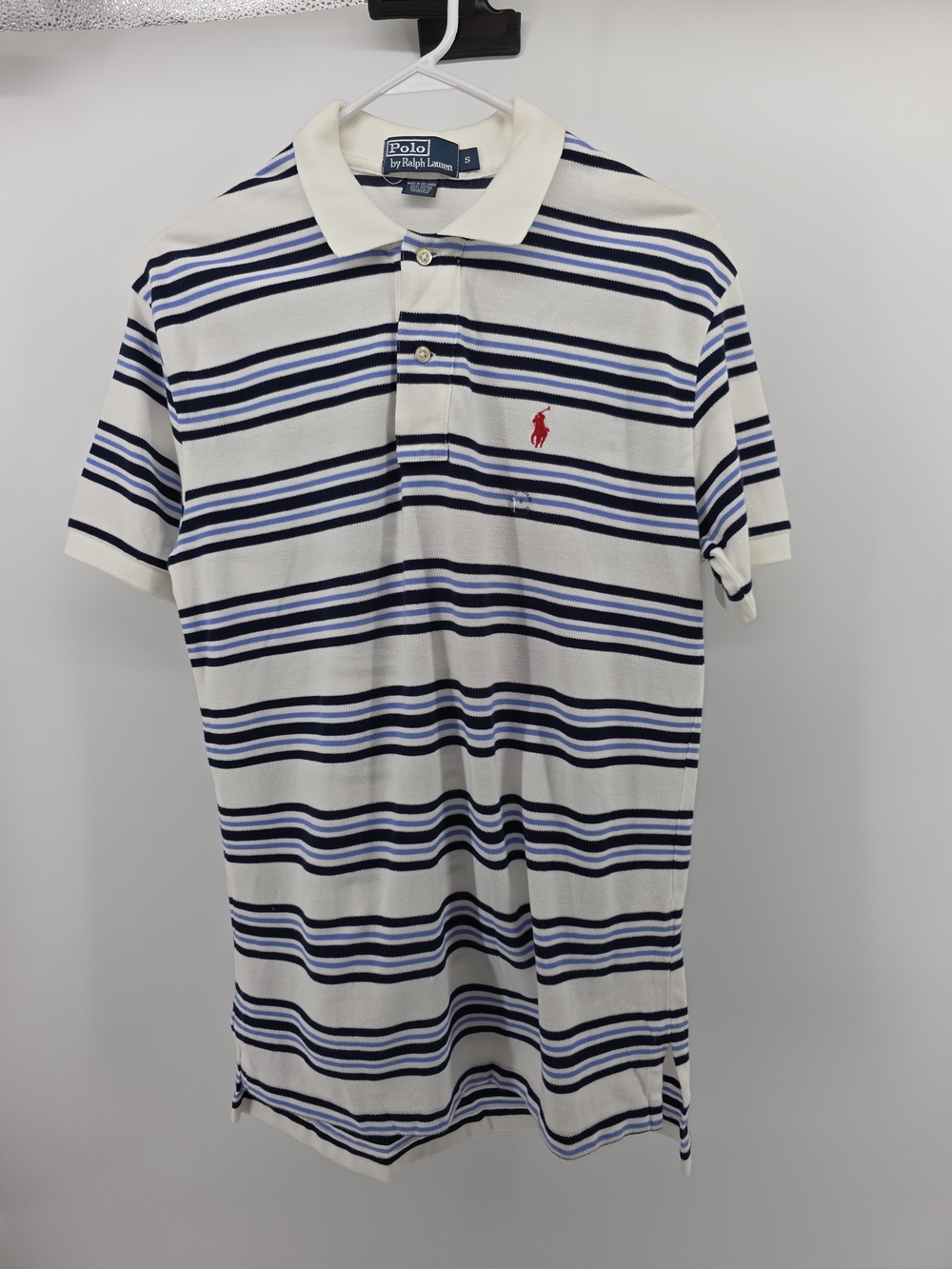 Polo by Ralph Lauren White Polo with Navy  Light Blue Stripes and Red Pony Small